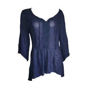 Unity World‎ Wear Top Womens Size L Large Solid Blue 3/4 Sleeve Crochet Detail